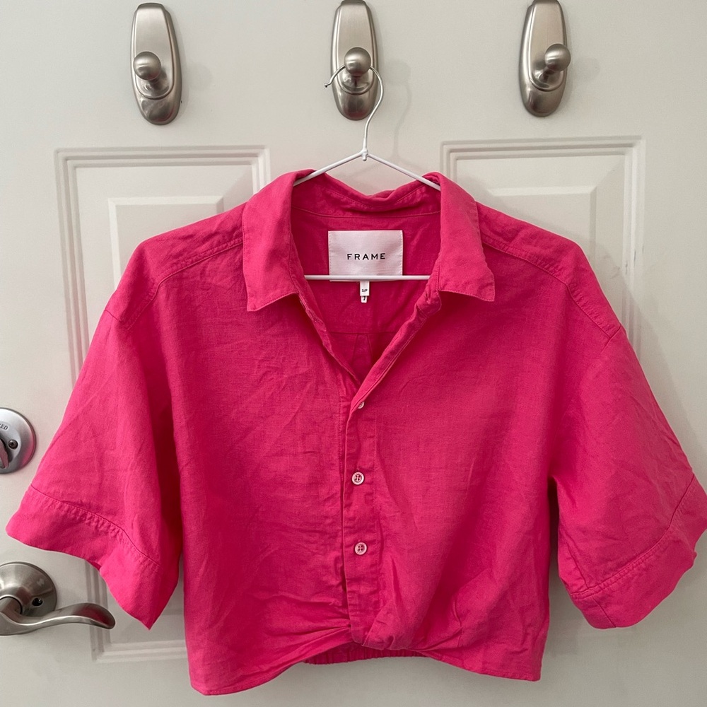 Frame cropped mixed linen button shirt